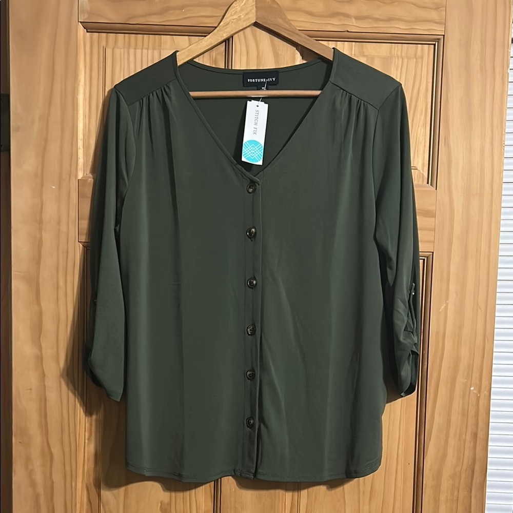 Port Authority Olive Green V-Neck Button Front Women's Top